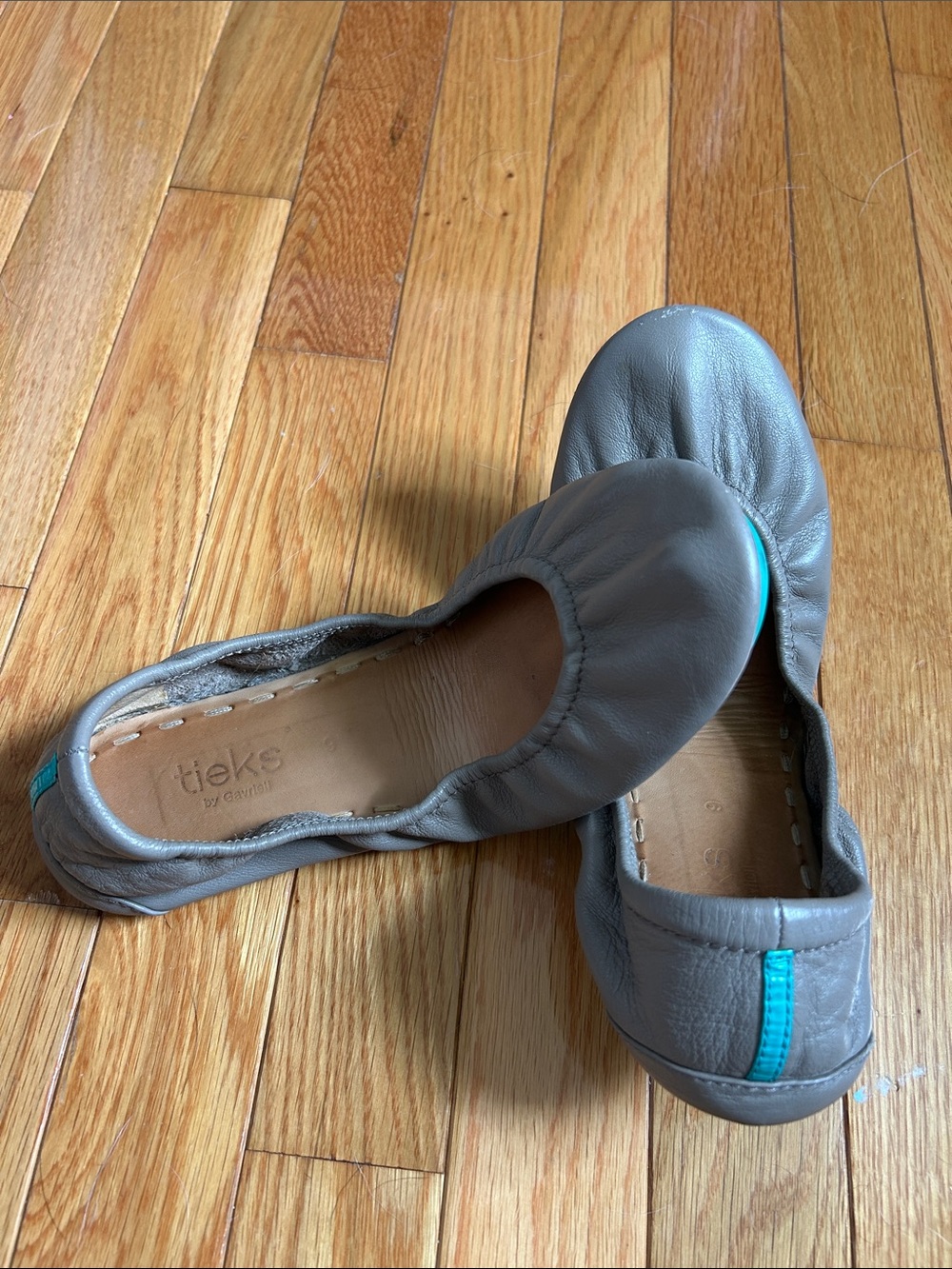 Tieks Light Brown/Khaki Leather Ballet Flats with Teal Trim